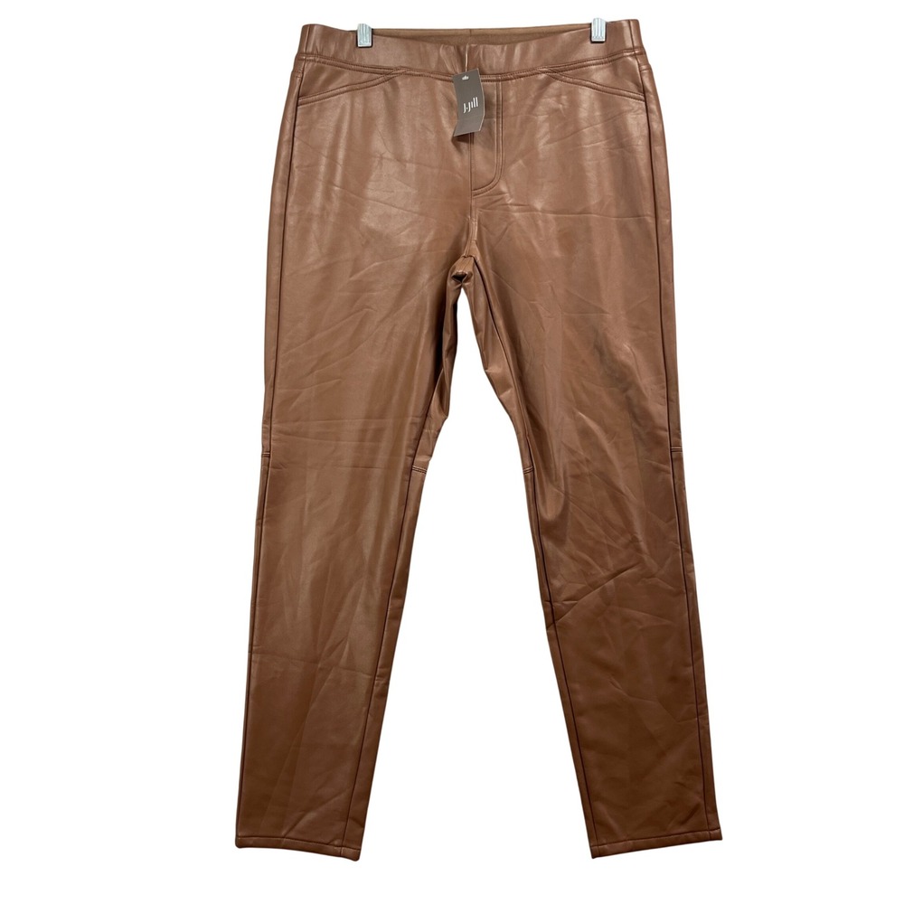 J Jill Faux Leather Pull-On Pants Women Medium M Hickory Brown Stretch Casual